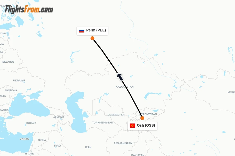 Flights from Osh to Perm route map