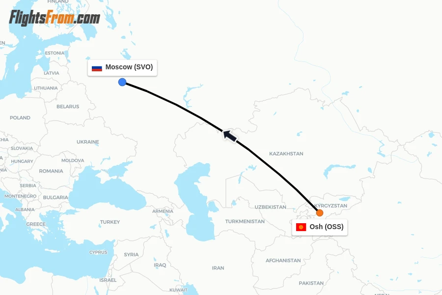 Flights from Osh to Moscow route map