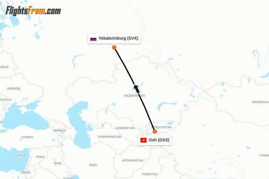 Flights from Osh to Yekaterinburg route map