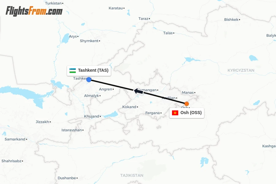 Flights from Osh to Tashkent route map