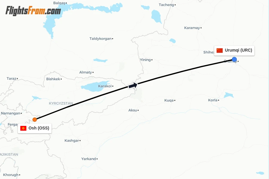 Flights from Osh to Urumqi route map