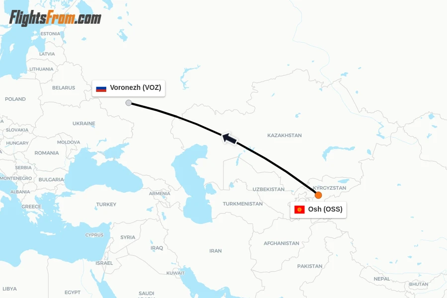 Flights from Osh to Voronezh route map
