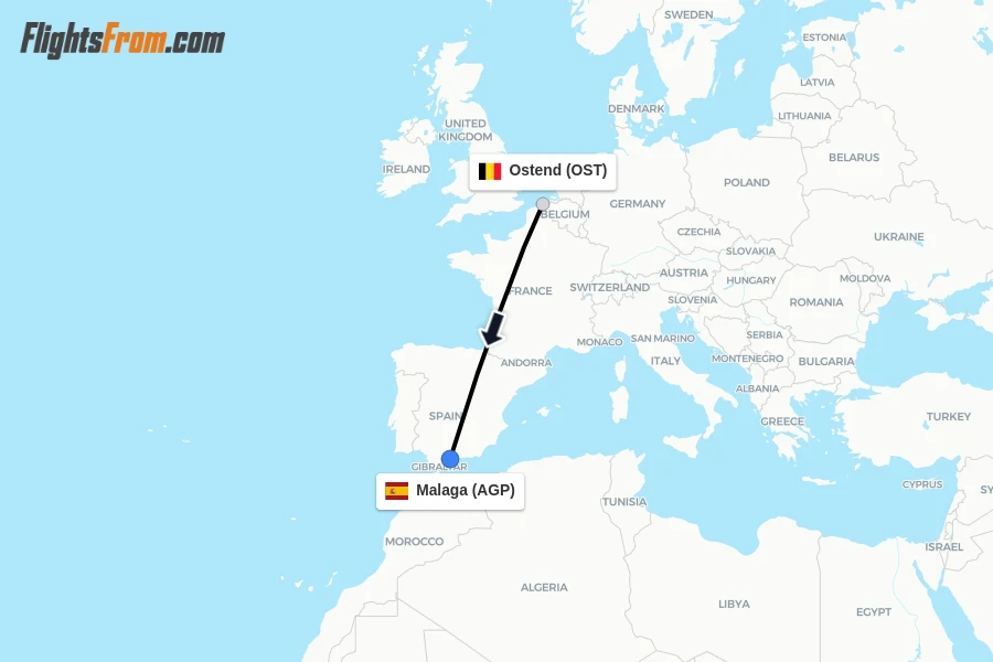 Flights from Ostend to Malaga route map