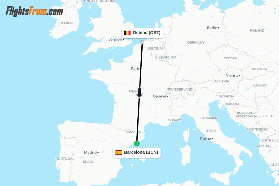 Flights from Ostend to Barcelona route map