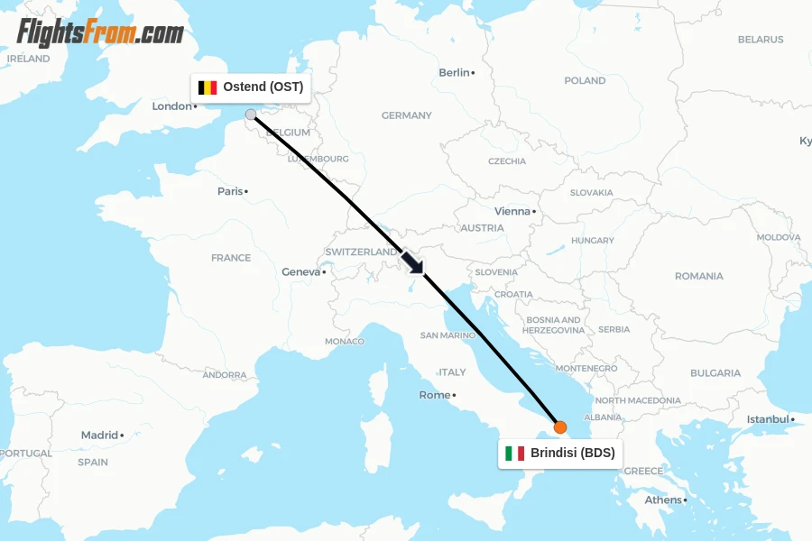Flights from Ostend to Brindisi route map