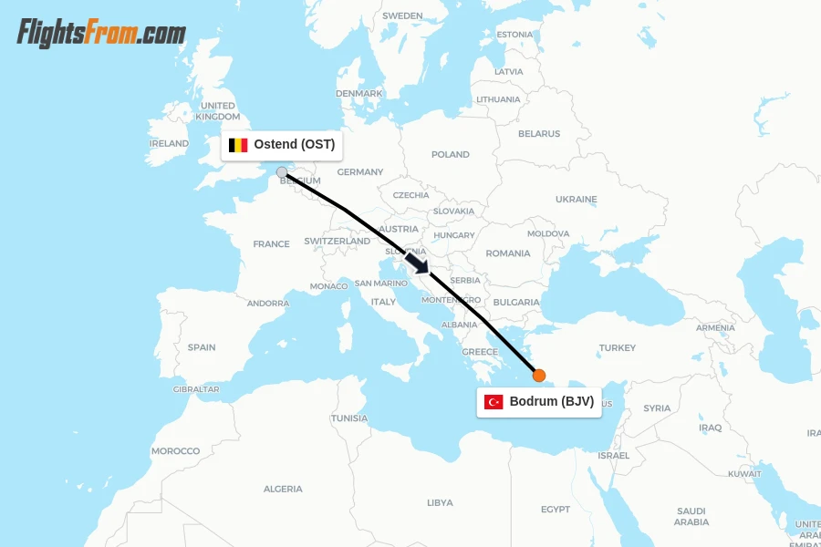 Flights from Ostend to Bodrum route map