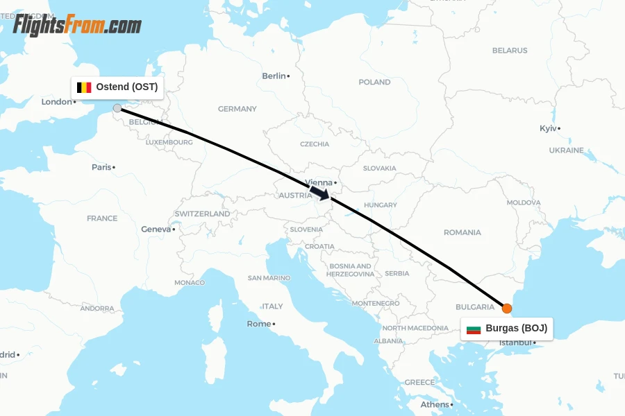 Flights from Ostend to Burgas route map