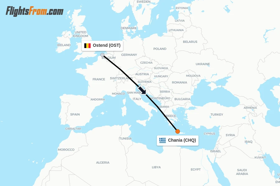 Flights from Ostend to Chania route map