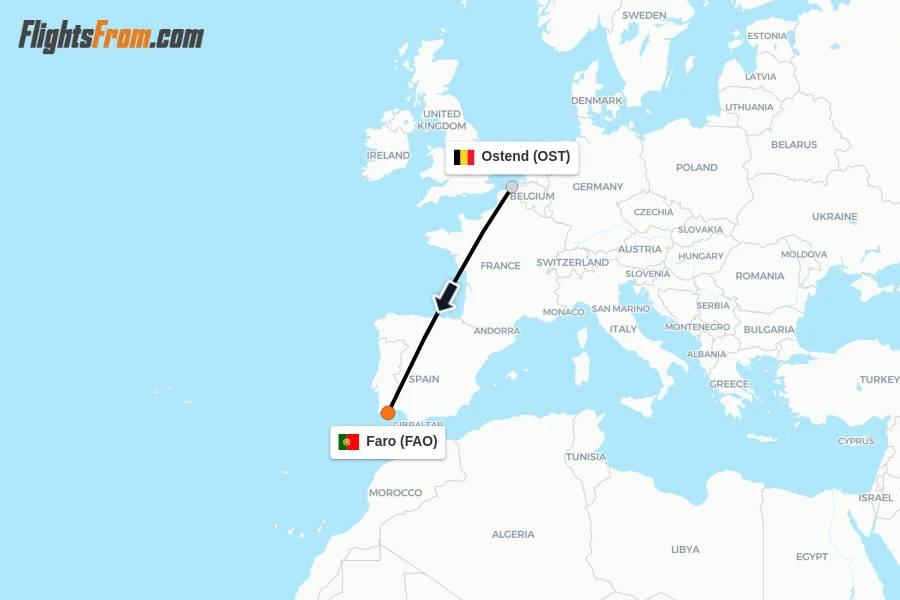 Flights from Ostend to Faro route map