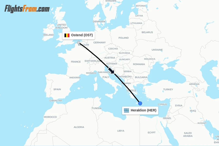 Flights from Ostend to Heraklion route map