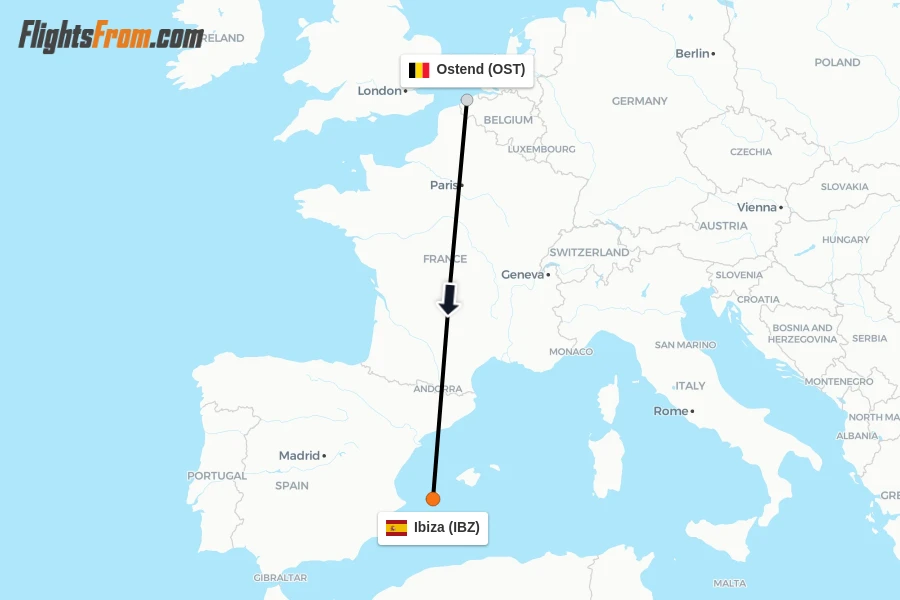 Flights from Ostend to Ibiza route map