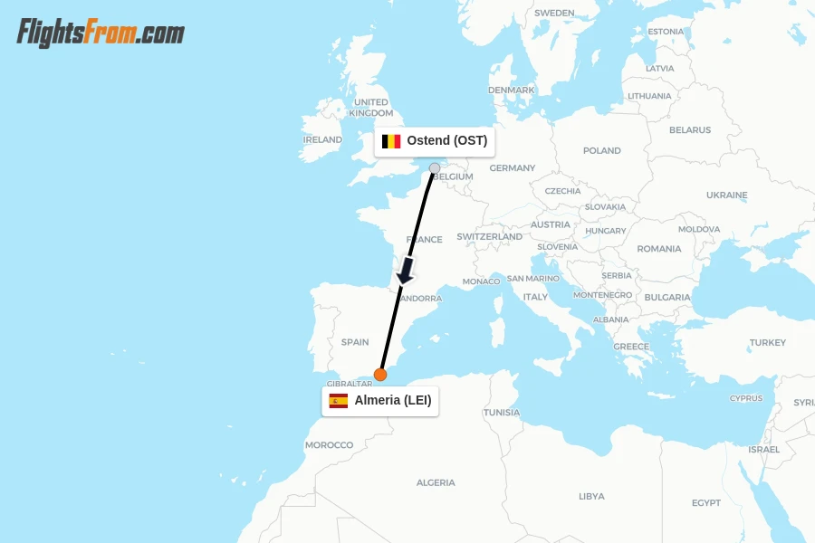 Flights from Ostend to Almeria route map