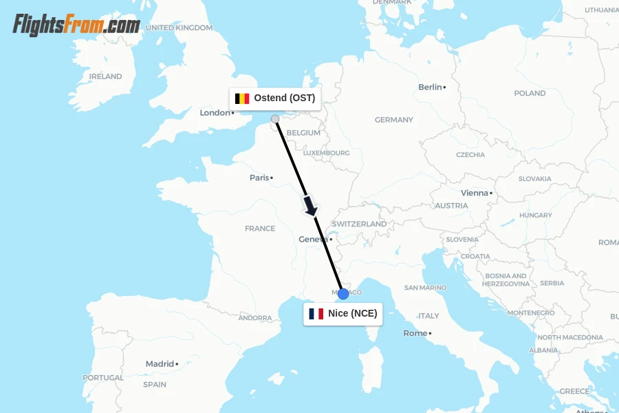 Flights from Ostend to Nice route map