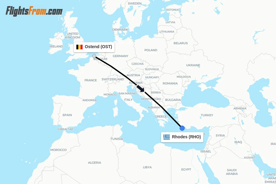 Flights from Ostend to Rhodes route map