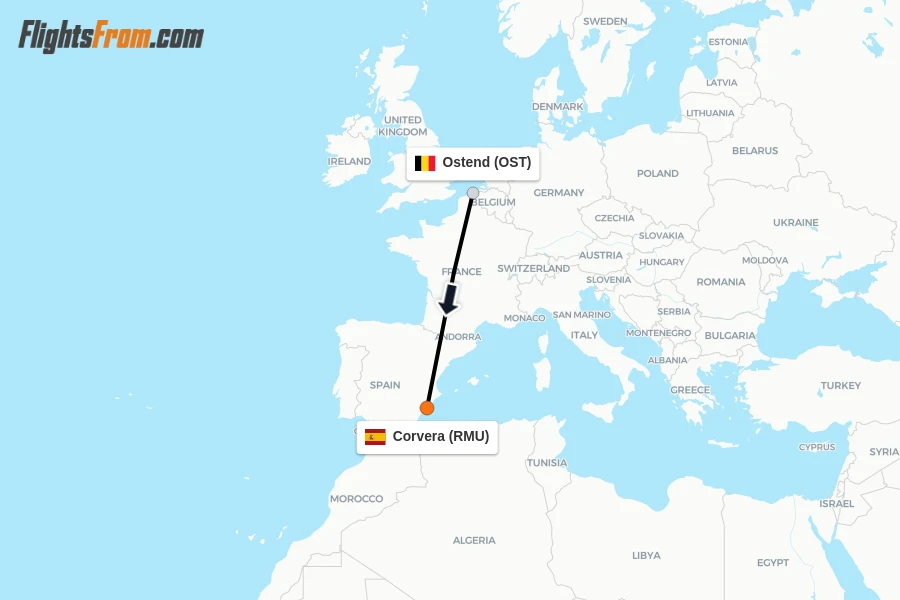 Flights from Ostend to Corvera route map