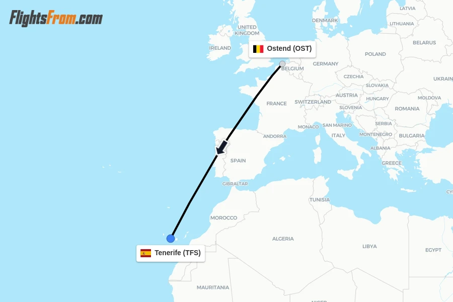 Flights from Ostend to Tenerife route map