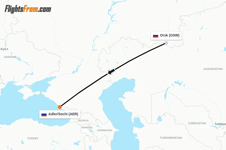 Flights from Orsk to Adler/Sochi route map