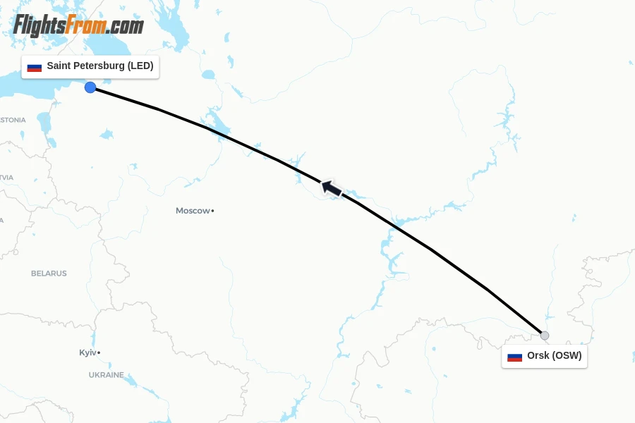 Flights from Orsk to Saint Petersburg route map