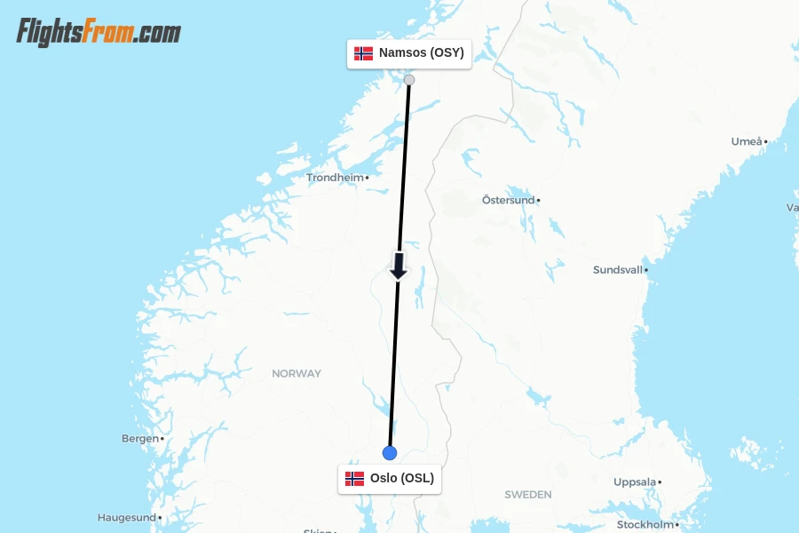 Flights from Namsos to Oslo route map