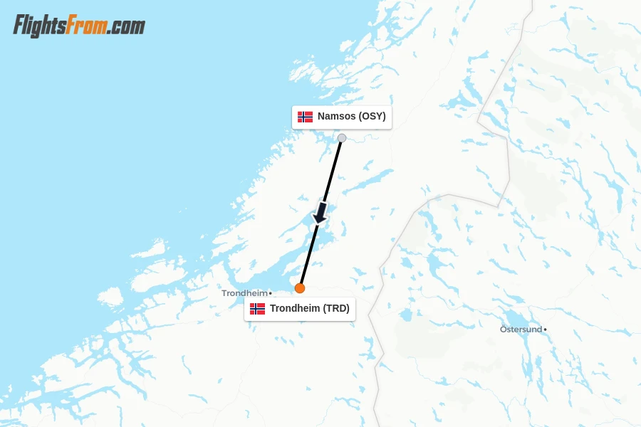 Flights from Namsos to Trondheim route map