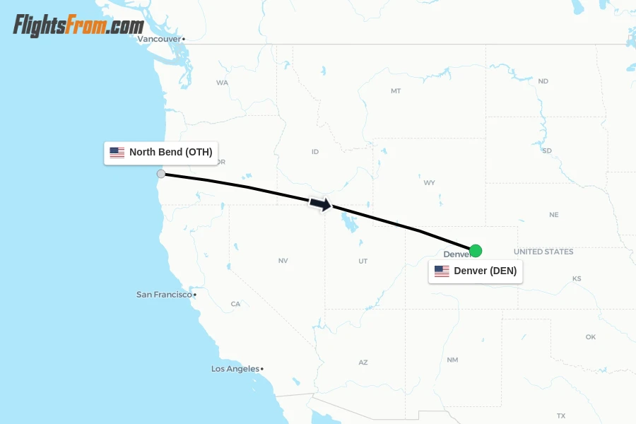 Flights from North Bend to Denver route map