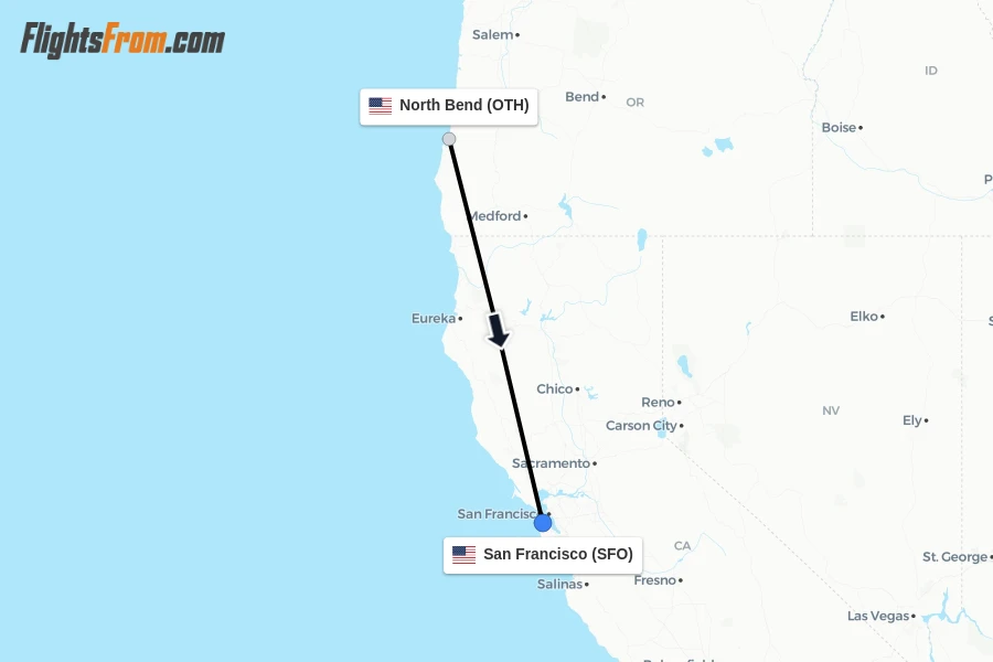 Flights from North Bend to San Francisco route map