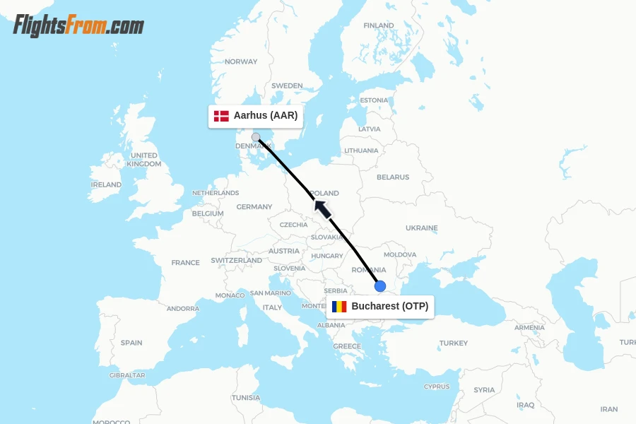 Flights from Bucharest to Aarhus route map