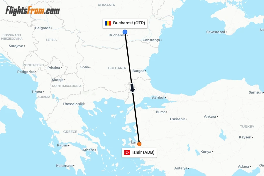 Flights from Bucharest to Izmir route map