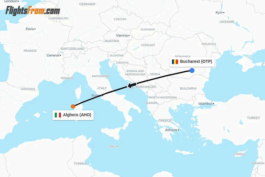 Flights from Bucharest to Alghero route map