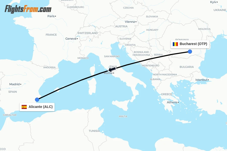 Flights from Bucharest to Alicante route map