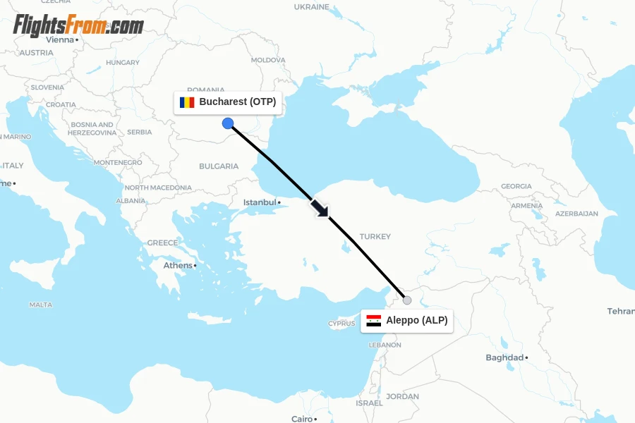 Flights from Bucharest to Aleppo route map