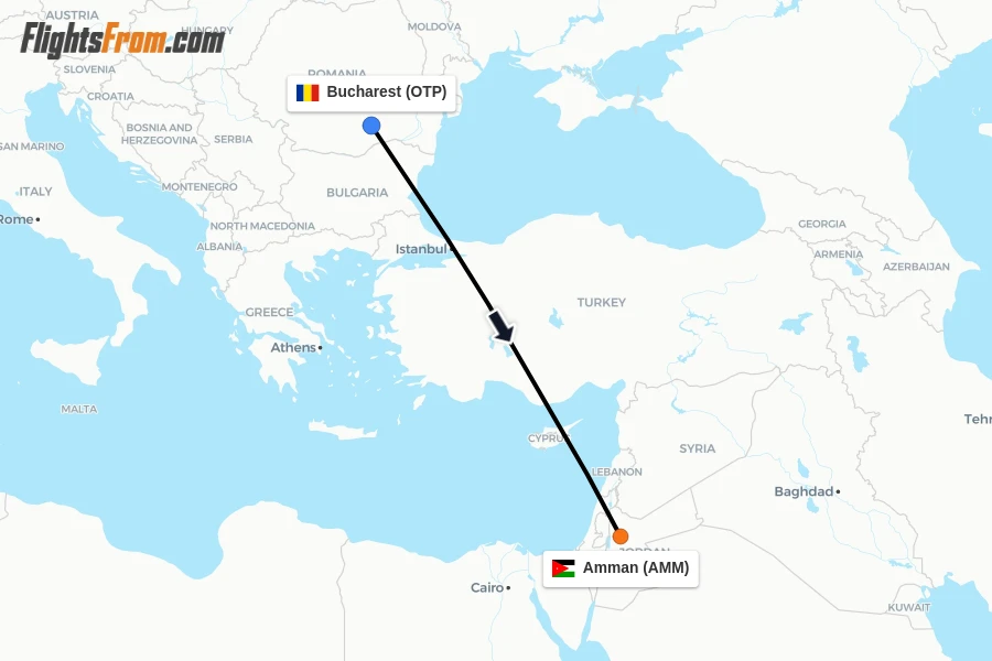 Flights from Bucharest to Amman route map