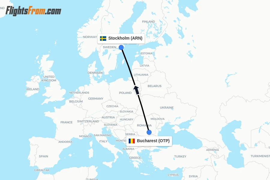 Flights from Bucharest to Stockholm route map