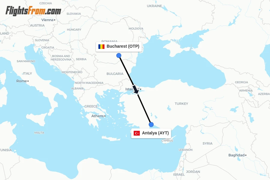 Flights from Bucharest to Antalya route map