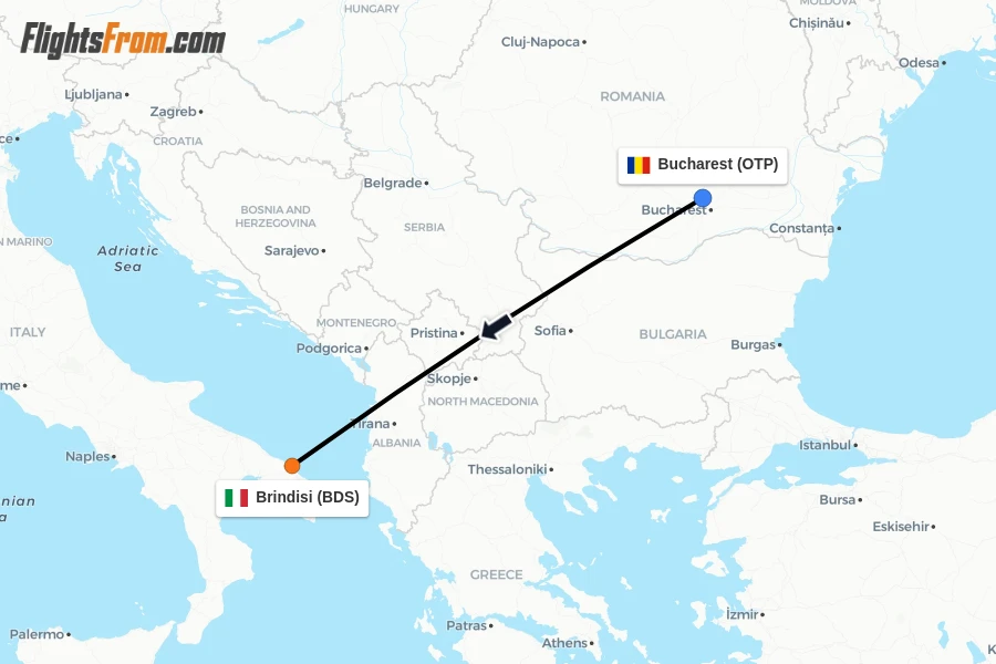 Flights from Bucharest to Brindisi route map