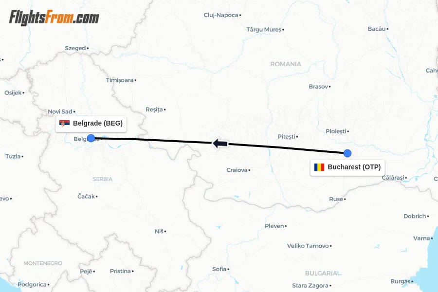 Flights from Bucharest to Belgrade route map