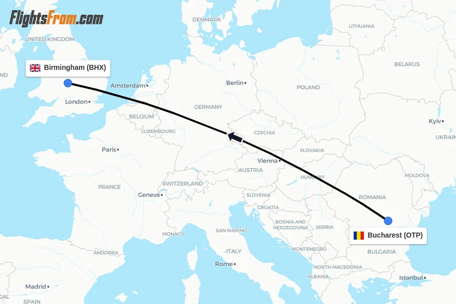 Flights from Bucharest to Birmingham route map