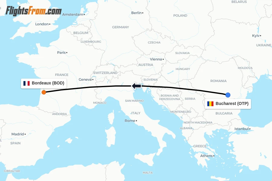 Flights from Bucharest to Bordeaux route map