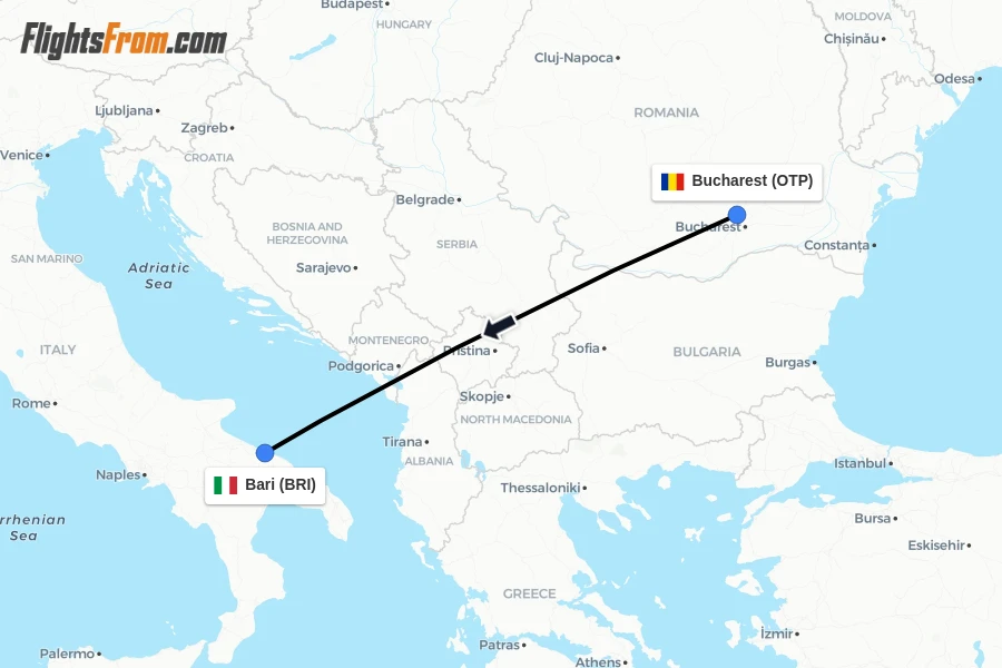 Flights from Bucharest to Bari route map