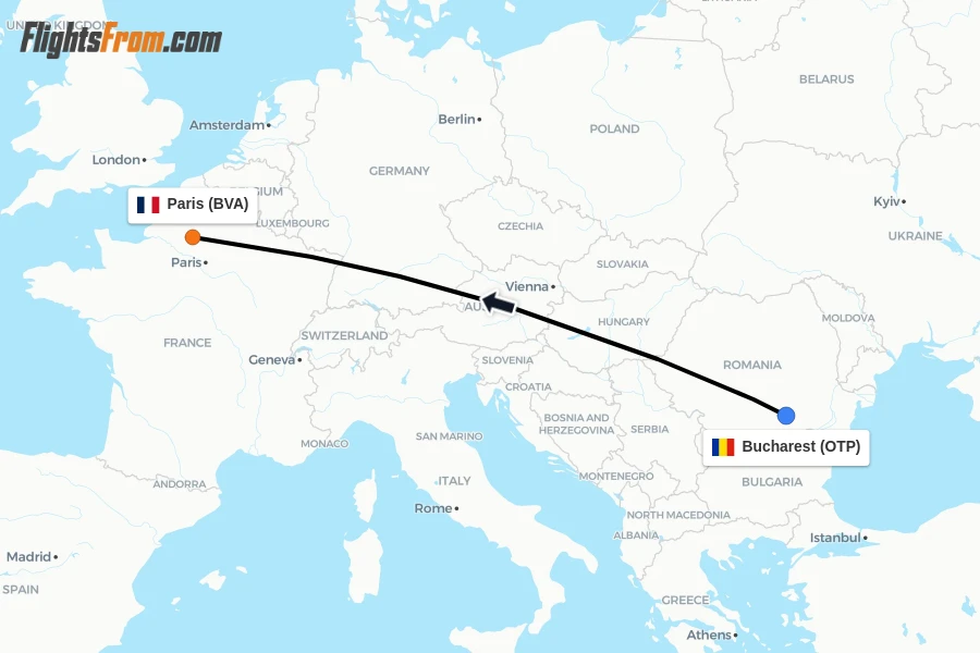 Flights from Bucharest to Paris route map