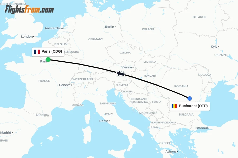 Flights from Bucharest to Paris route map