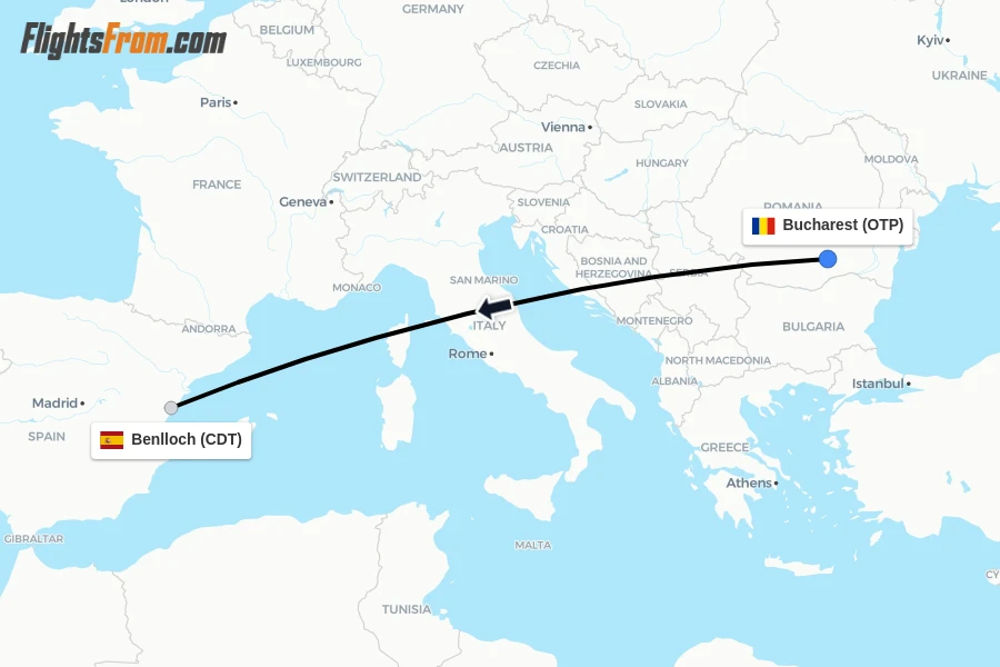 Flights from Bucharest to Benlloch route map