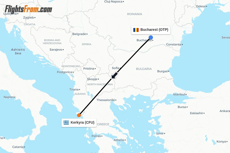 Flights from Bucharest to Kerkyra route map