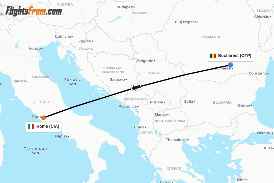 Flights from Bucharest to Rome route map