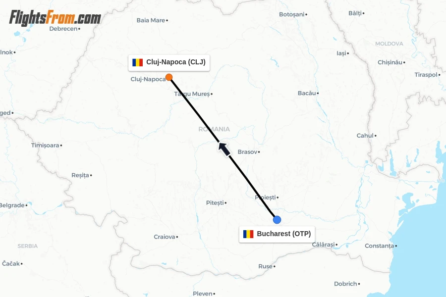 Flights from Bucharest to Cluj-Napoca route map