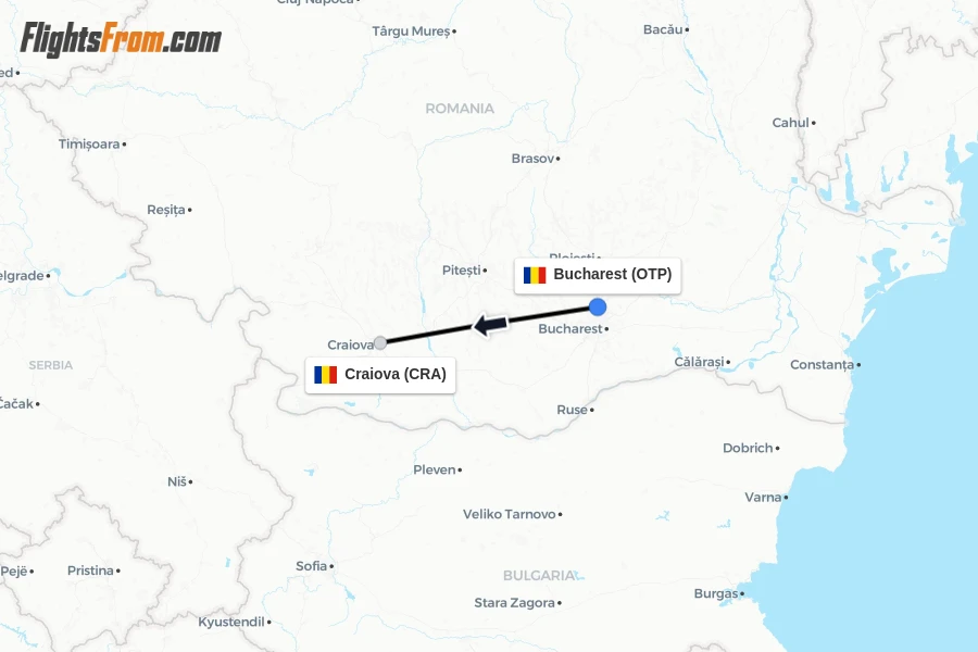 Flights from Bucharest to Craiova route map