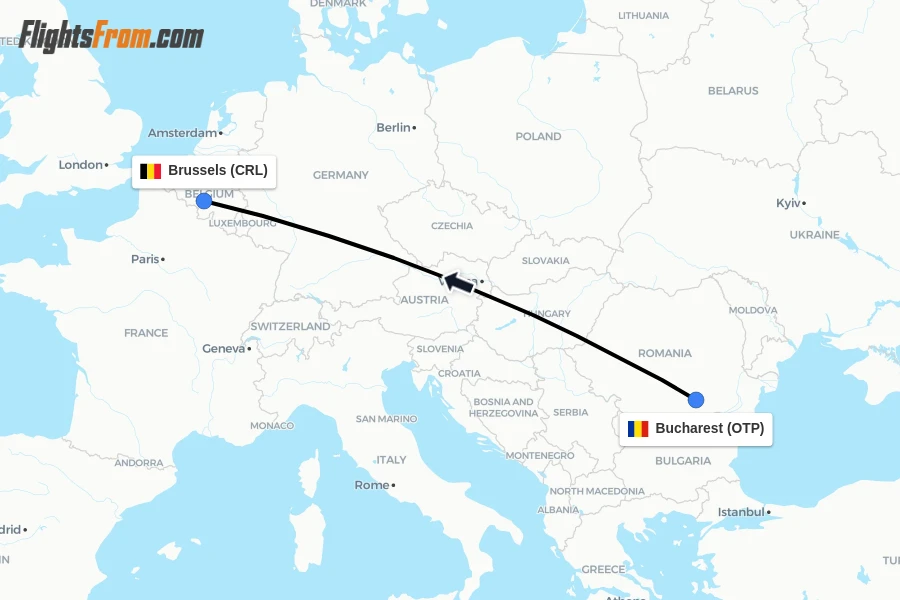 Flights from Bucharest to Brussels route map