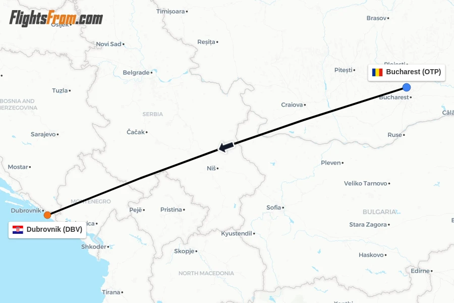 Flights from Bucharest to Dubrovnik route map
