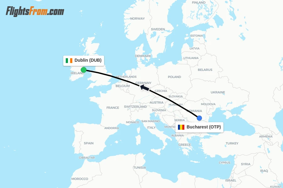 Flights from Bucharest to Dublin route map