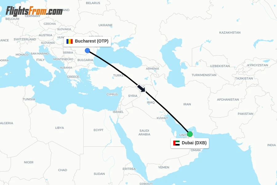 Flights from Bucharest to Dubai route map